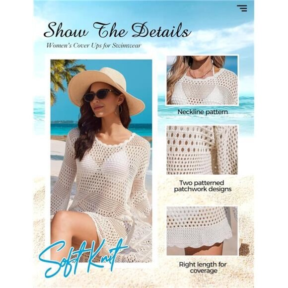 Women's Crochet Beach Swimsuit Cover Up Dress Bathing Suit Vacation Outfits - Picture 4 of 6
